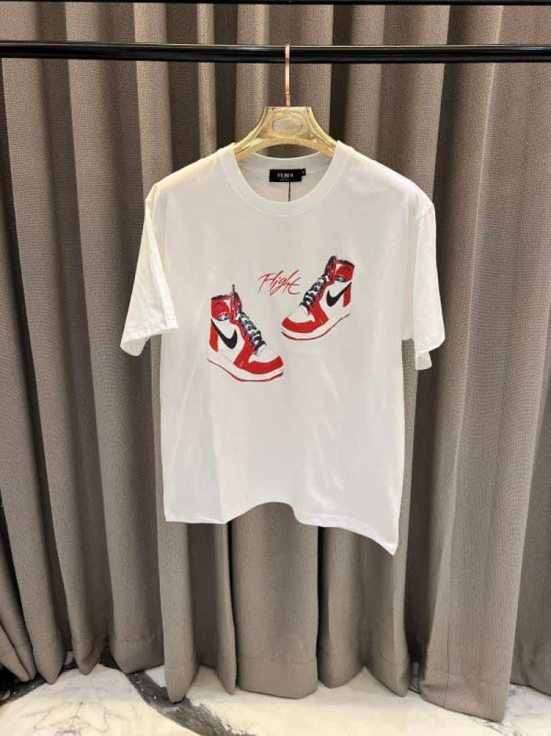 Fend_i Jordan Shoe print Round Neck T-shirt White