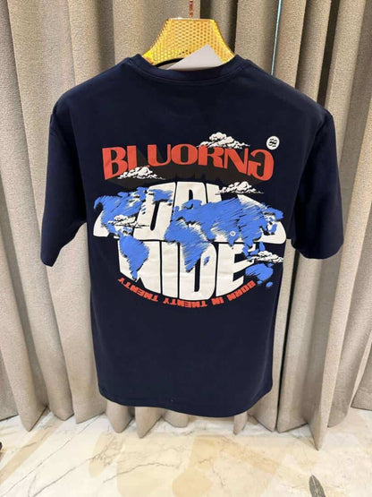 BLU ORNG World Map Print Round Neck T-shirt Navy