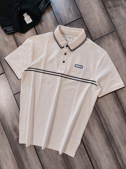 Calvin Klein Cream Logo Work Premium Polo T-Shirt